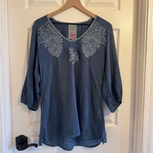 Johnny Was Women's Small Blue Blouse Boho Embroidered Blouse